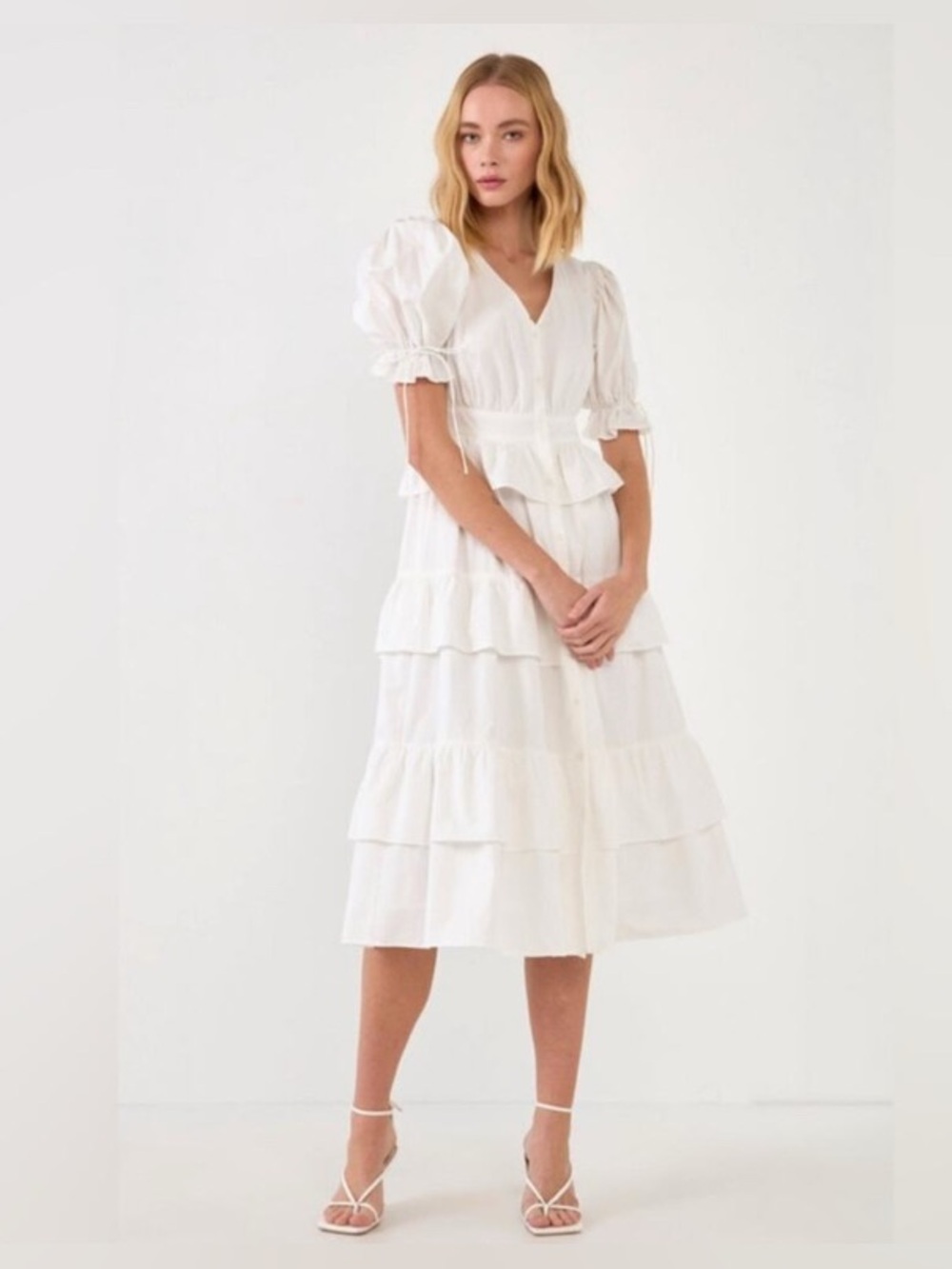 English Factory Midi Dress With Tied Puff Sleeves And Ruffles